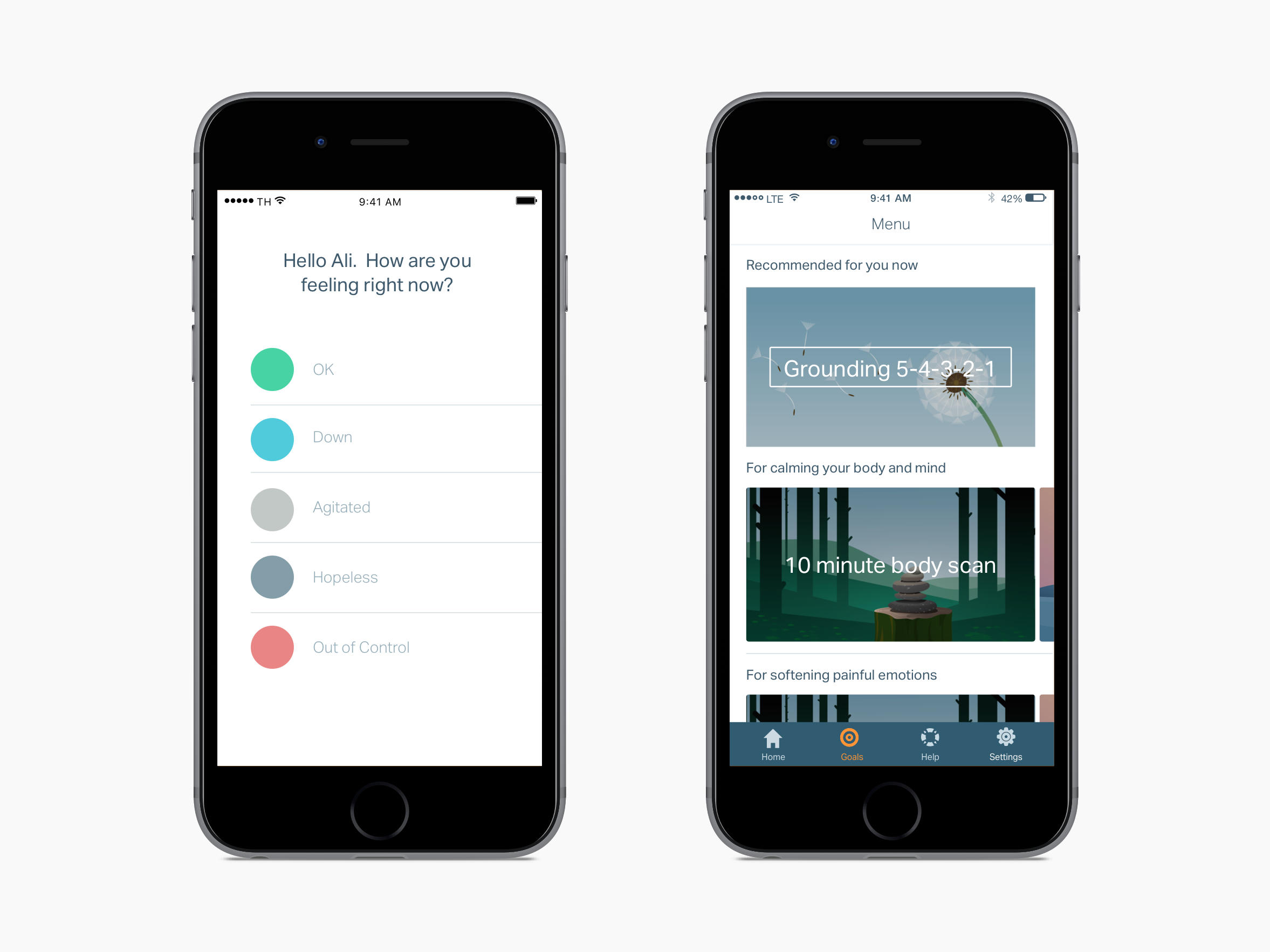 An iPhone mockup of the v1 check-in page and homepage designed to support a clinical population.